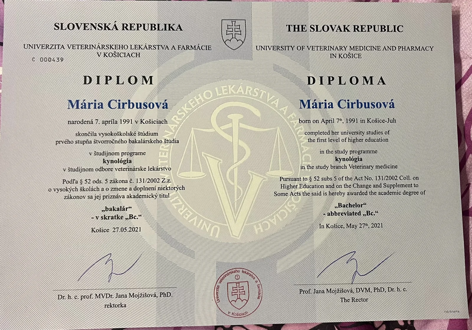 Diplom Bc. kynológia, UVLF Košice